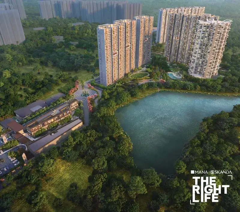 Aerial view of Mana Skanda luxury apartments in Bangalore by Mana Projects. Residential project with lake & greenery. The Right Life.