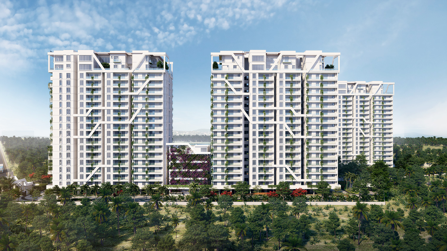 Perspective render of green terraces cascading down Mana Verdant façades, emphasising biophilic design