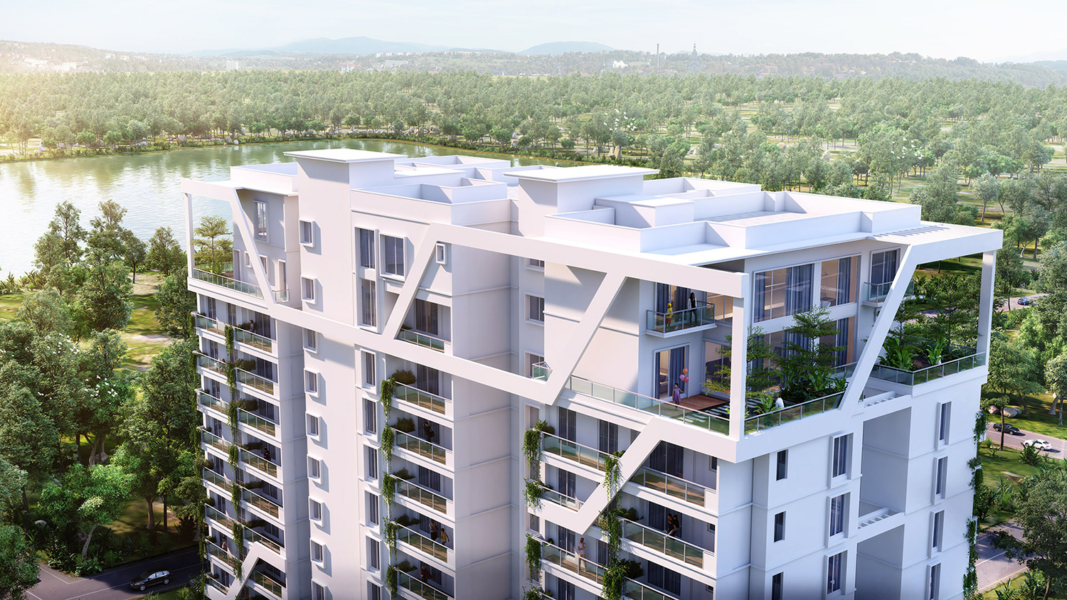 Viewpoint illustration showcasing sweeping skyline vistas available from upper-floor units