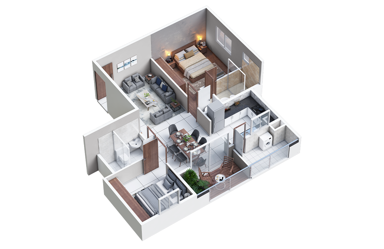 High-resolution 2-BHK floor plan offering an overview of compact yet well-lit living spaces