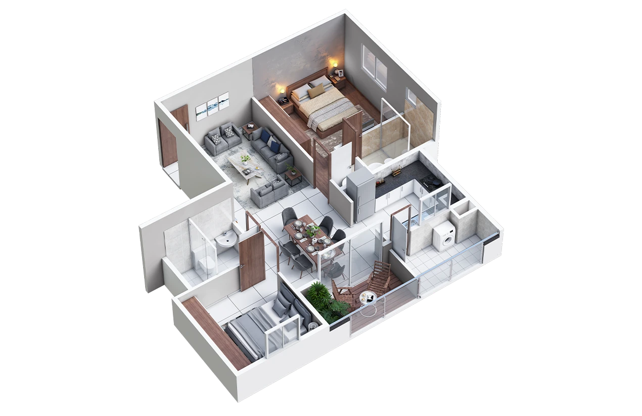 High-resolution 2-BHK floor plan offering an overview of compact yet well-lit living spaces