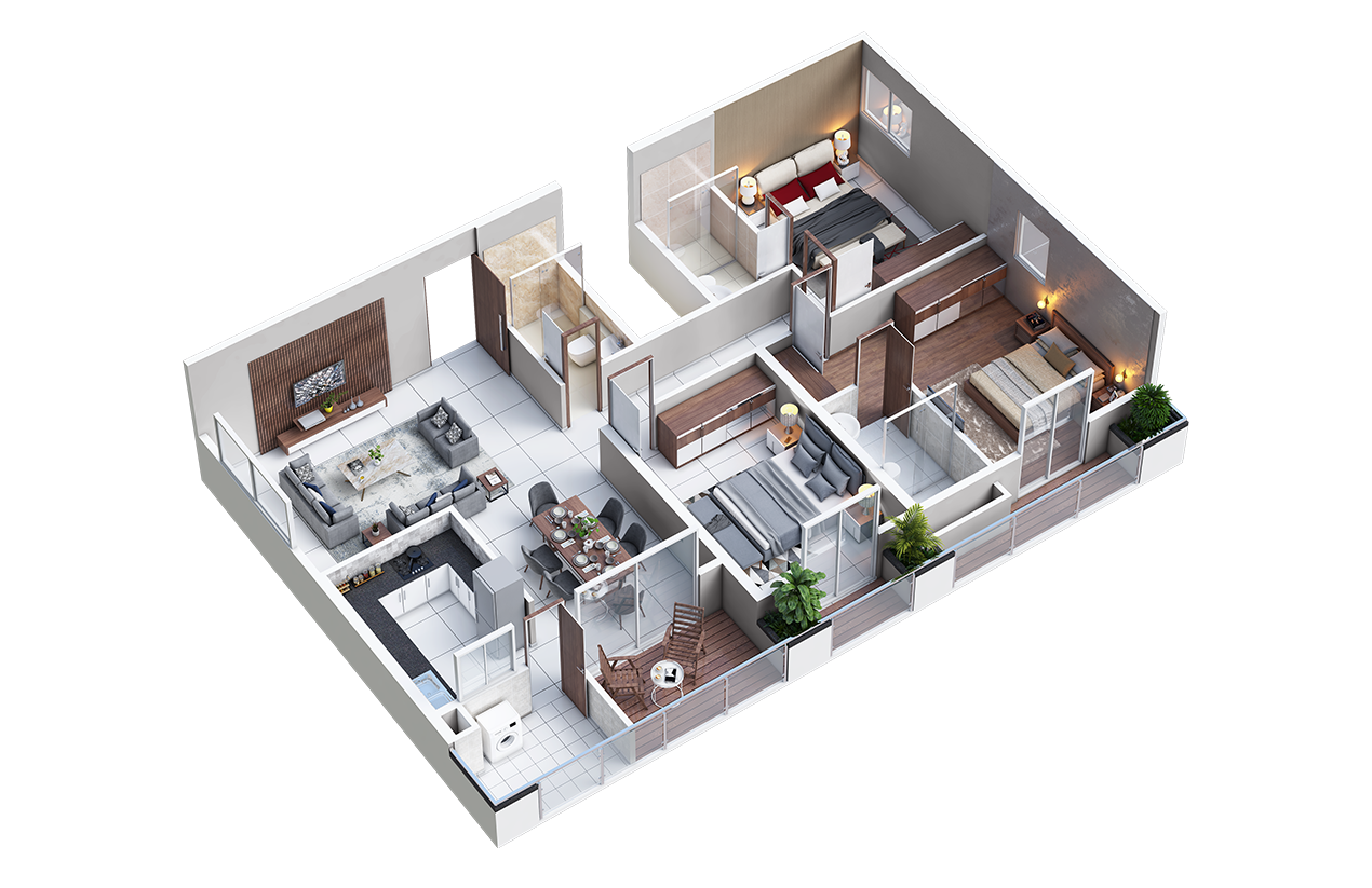 Colored 3-BHK floor plan showing efficient room configuration in upcoming Bangalore apartments