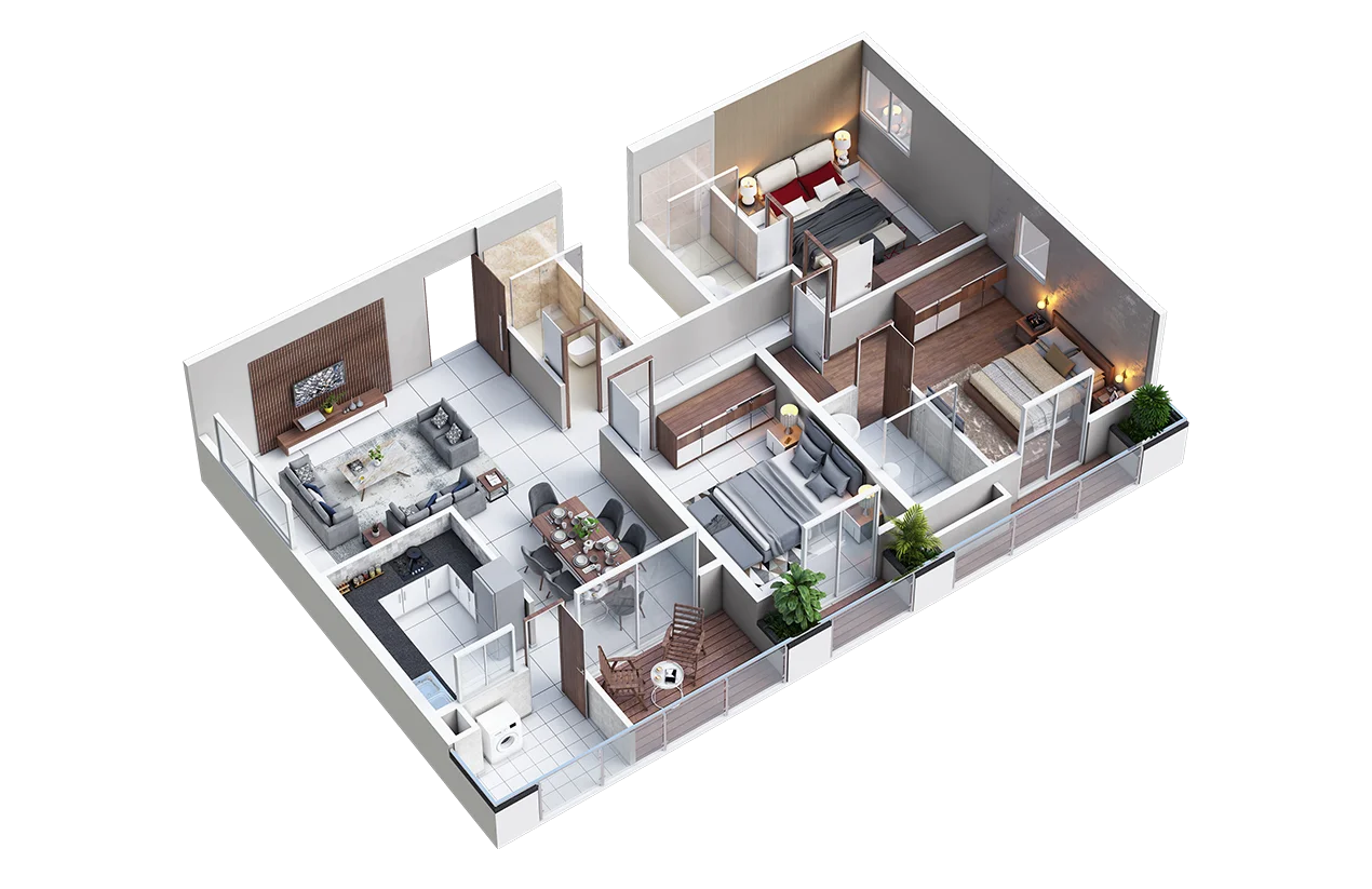 Colored 3-BHK floor plan showing efficient room configuration in upcoming Bangalore apartments