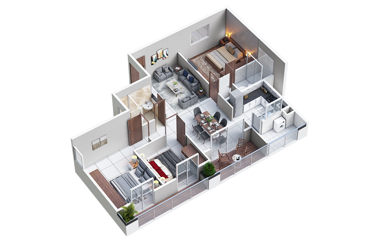 Full-color 3-BHK layout graphic helping buyers visualise interior flow in premium apartments
