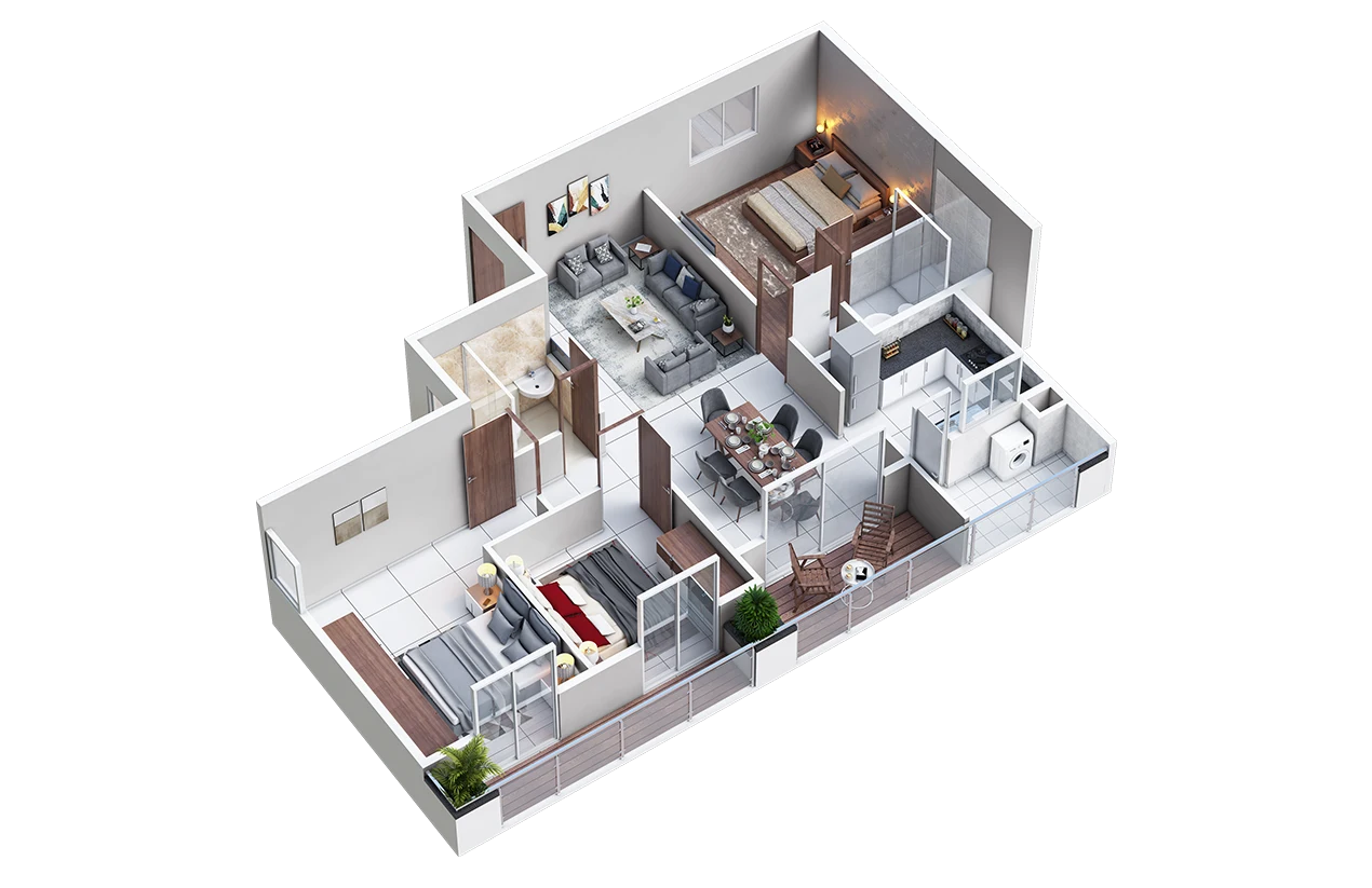 Full-color 3-BHK layout graphic helping buyers visualise interior flow in premium apartments