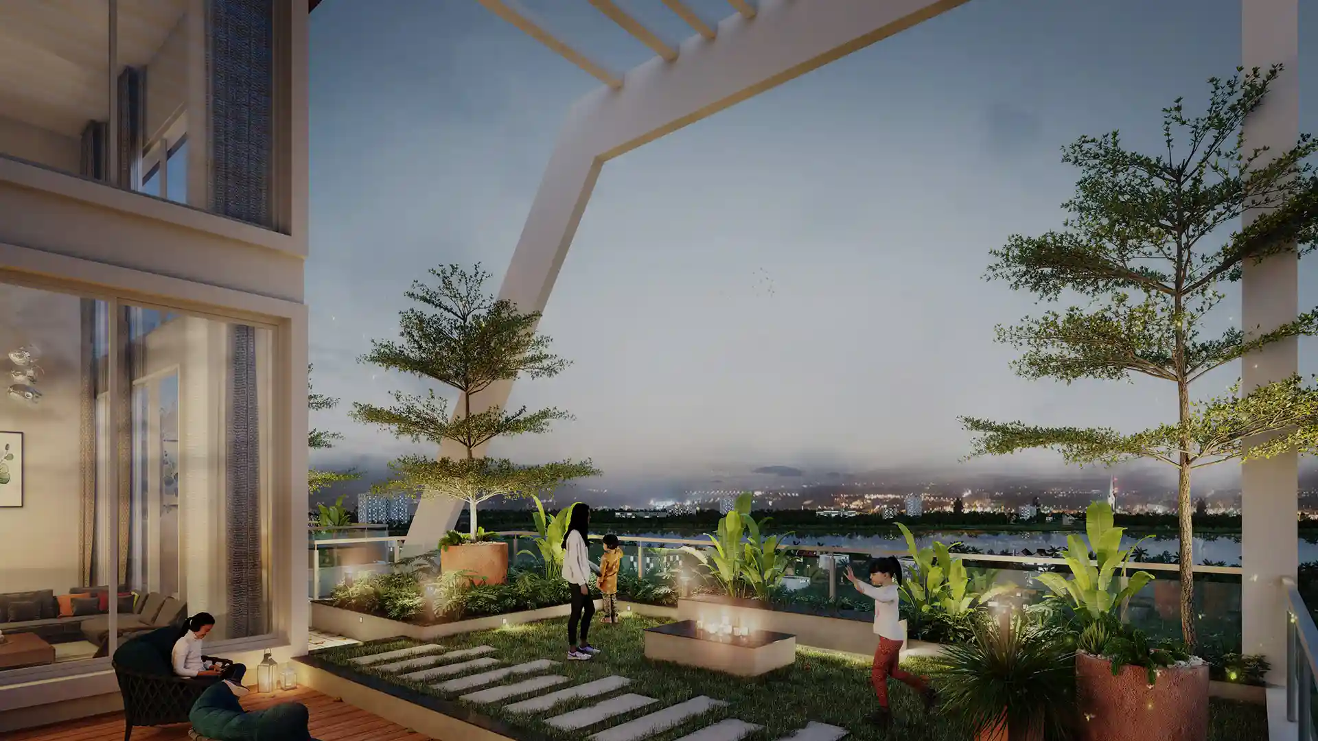 Sunrise shot of Mana Verdant towers wrapped in greenery, portraying a nature-centric residential enclave