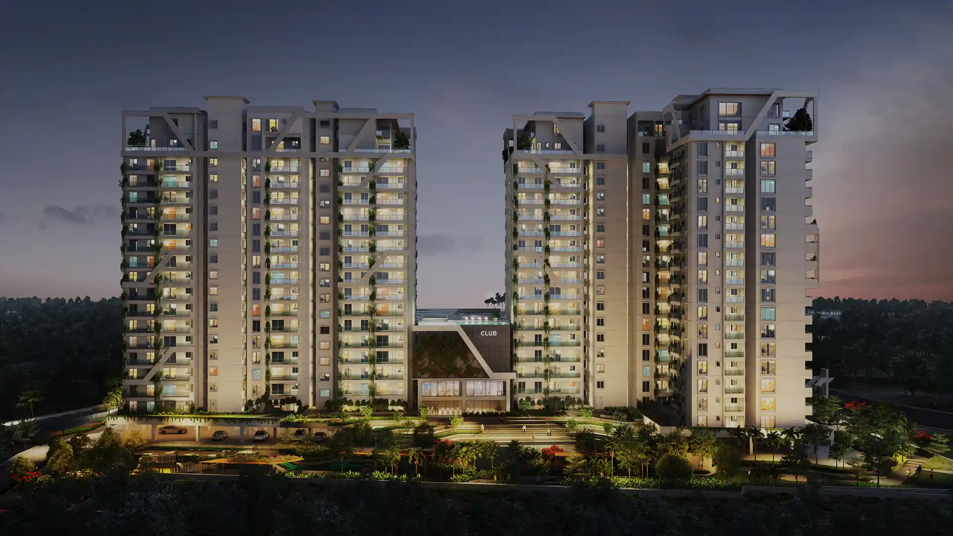 Sky bridge connecting twin towers at Mana Verdant Phase II, highlighting innovative design on Sarjapur Road